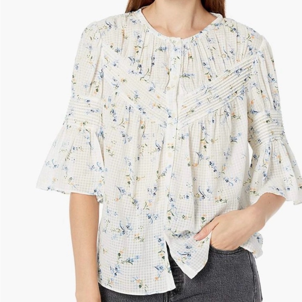 Rebecca Taylor Cotton Floral Pintuck Peasant Blouse Top